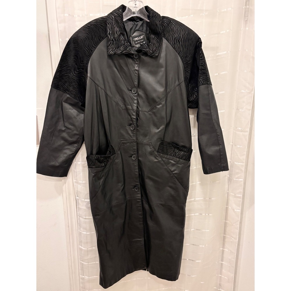 Pelle New York Milano Black Leather Trench Coat Zebra Embossed Trim Small